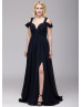 Cold Shoulder Navy Blue Chiffon Slit Long Prom Dress